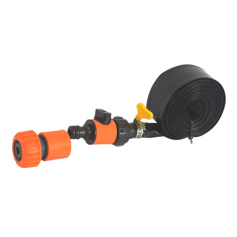 Portable blue garden sprinkler with solar panel and PVC switch on grass