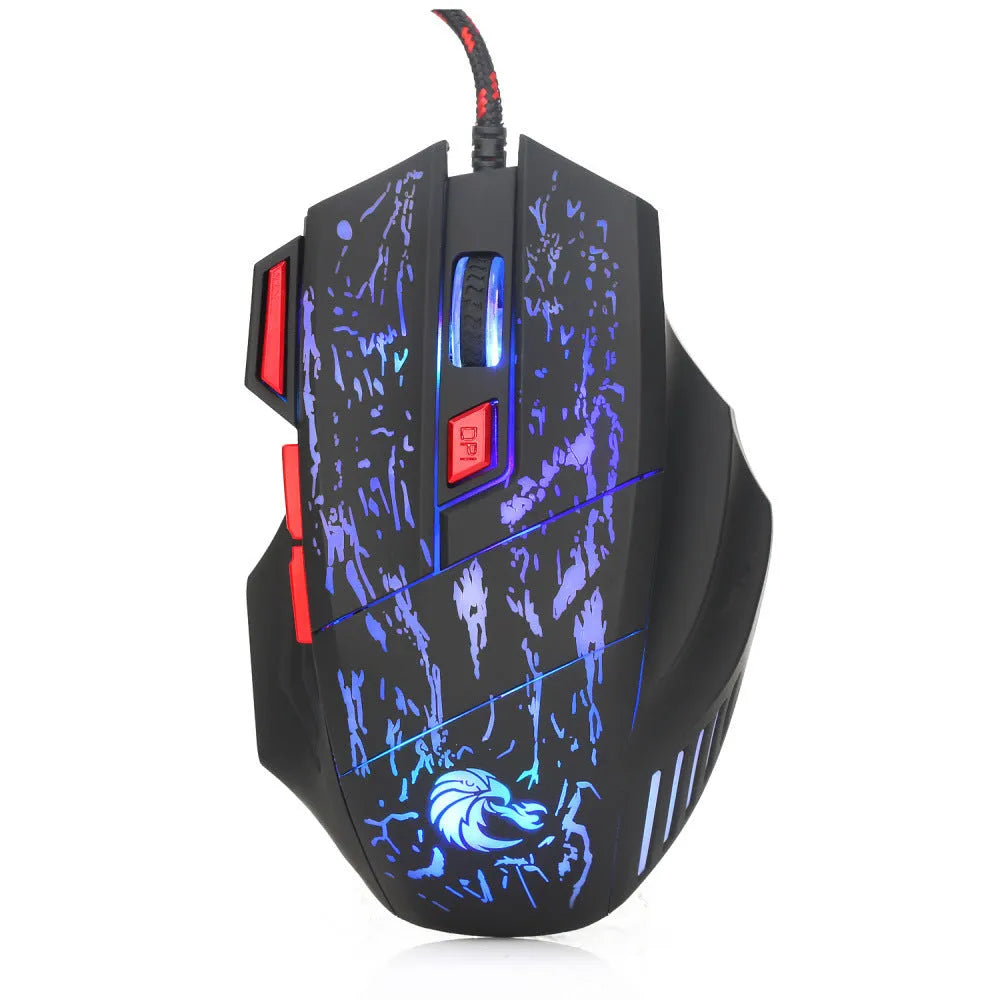 H300BK wired gaming mouse with LED lighting and luminous side panels on desk