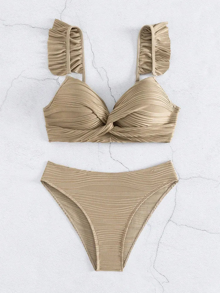 Solid colour women's bikini swimsuit set in black or khaki polyester fabric