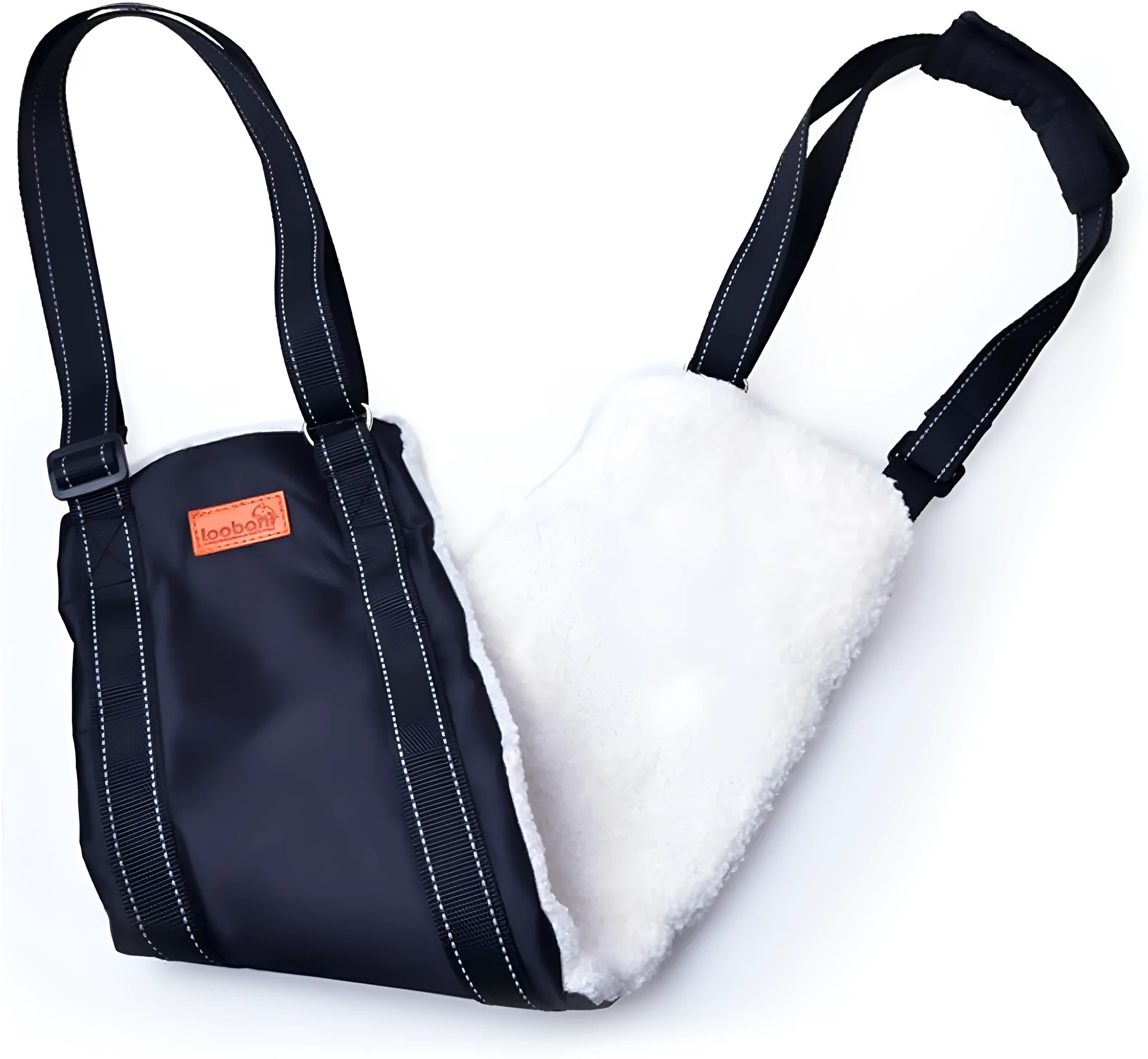 Adjustable dog sling supporting hind legs and buttocks with reflective straps and soft liner.