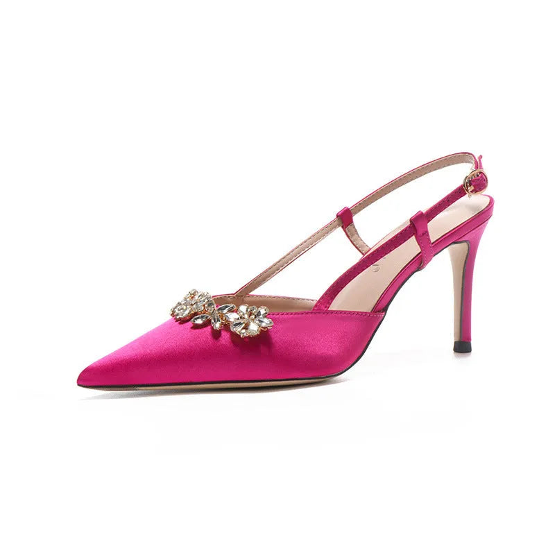 French style evening dress high heels rhinestone closed toe satin sandals stiletto heels for women