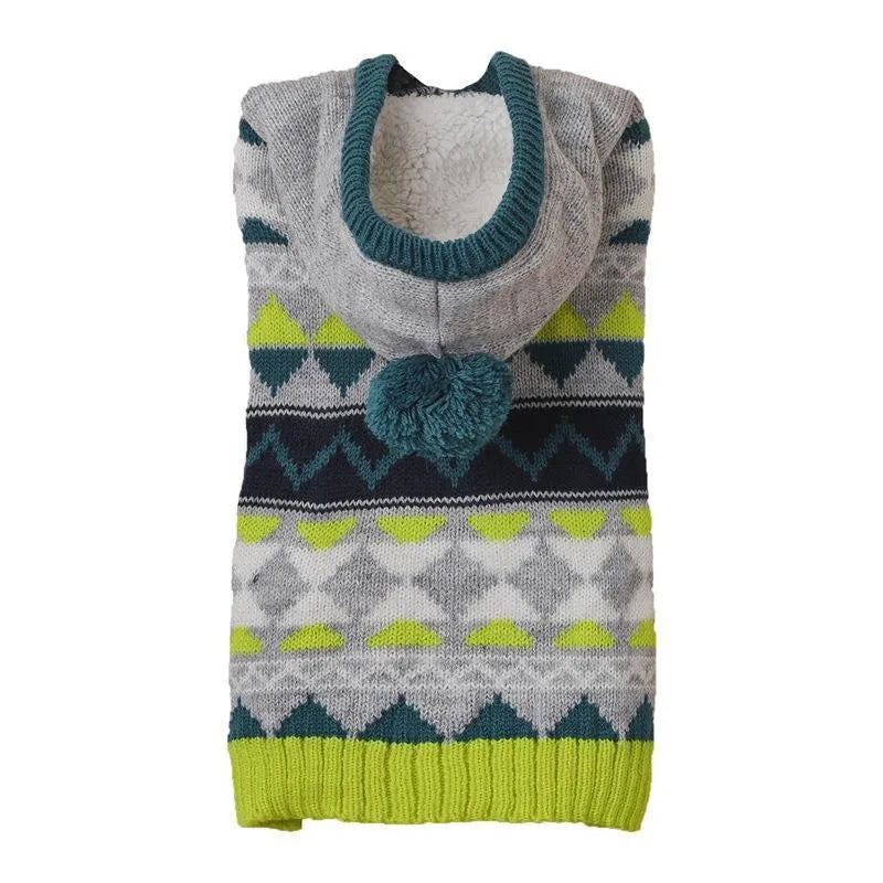 Green pet sweater with diamond pattern on small dog showing acrylic knit texture and sizing