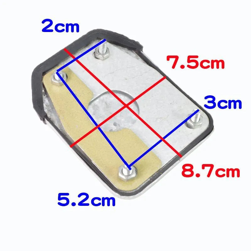 Metal motorcycle brake pedal skid plate kit showing three pedal designs: foot pedal, square foot pedal, and small brake plate
