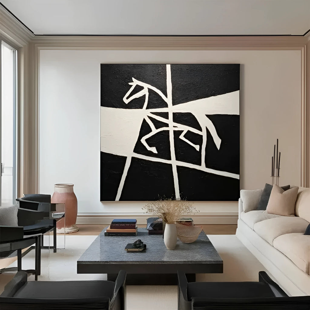 Handmade oil painting of a running black and white horse on canvas, frameless and unstretched