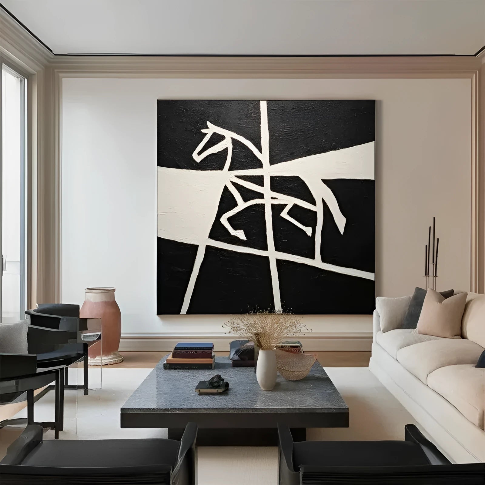 Handmade oil painting of a running black and white horse on canvas, frameless and unstretched