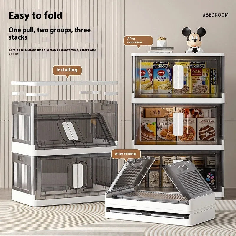 Foldable clothes storage locker with wheels in grey colour showing layered compartments for household organisation