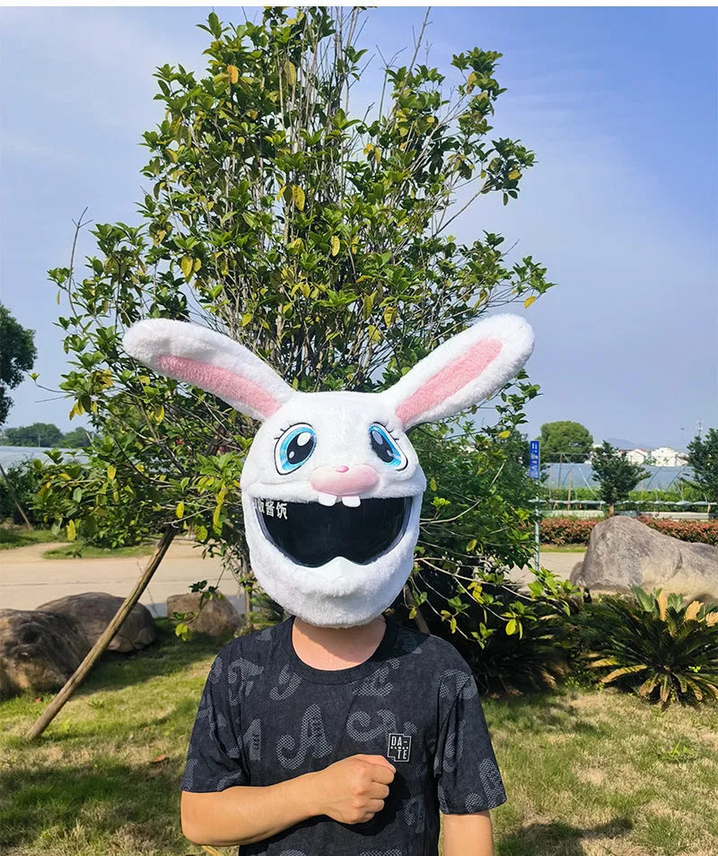 White rabbit head helmet cover with long ears for electric motorcycle commuting