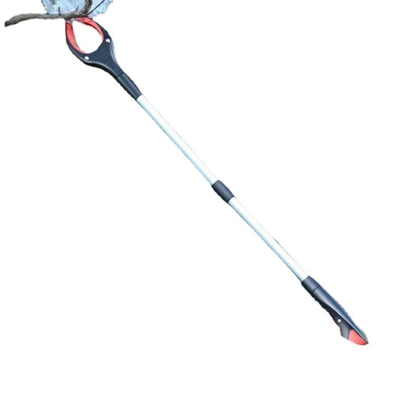 Blue plastic and aluminium alloy folding trash clip for securing a rubbish bag.
