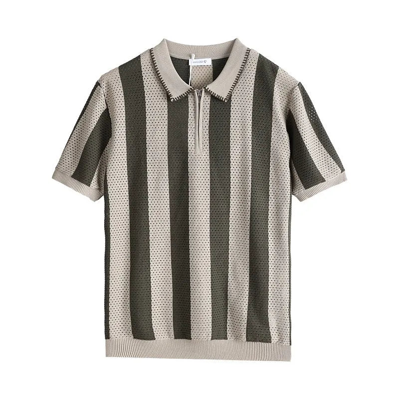 Men's striped short sleeve summer sweater with zipper decoration in viscose fabric showing colour options