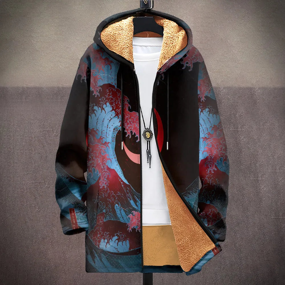 Man wearing a multicolour printed hooded cardigan with a zip front closure.