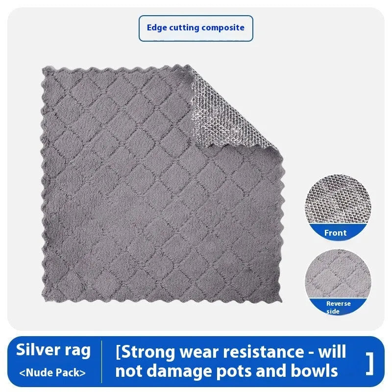 Silver double-sided kitchen scouring pad with a steel wool side and a grey microfiber rag side.