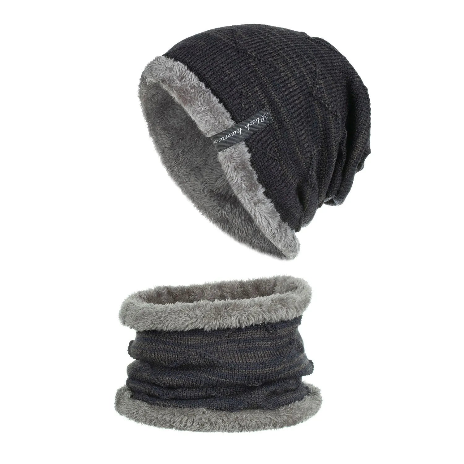 Diagonal hook knitted acrylic beanie in black, showing textured knit pattern