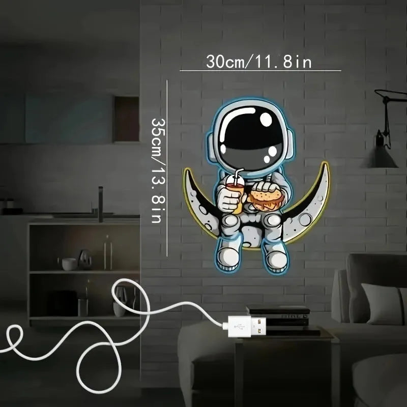 Astronaut wall mounted neon light in blue lemon yellow with USB cable, 30x35cm plastic shell for indoor decoration