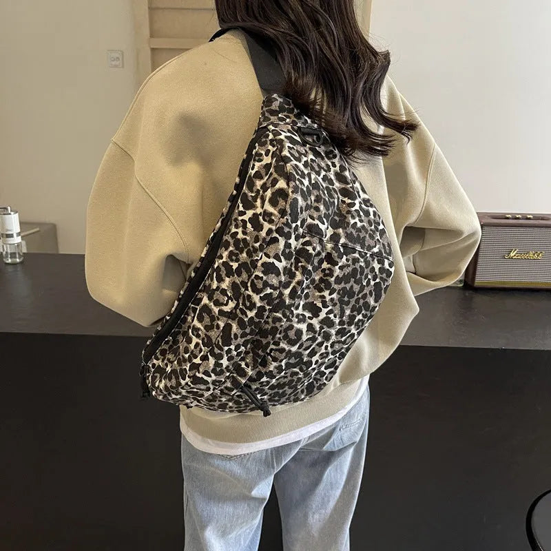 Retro leopard print patchwork canvas chest bag in khaki with soft crossbody design