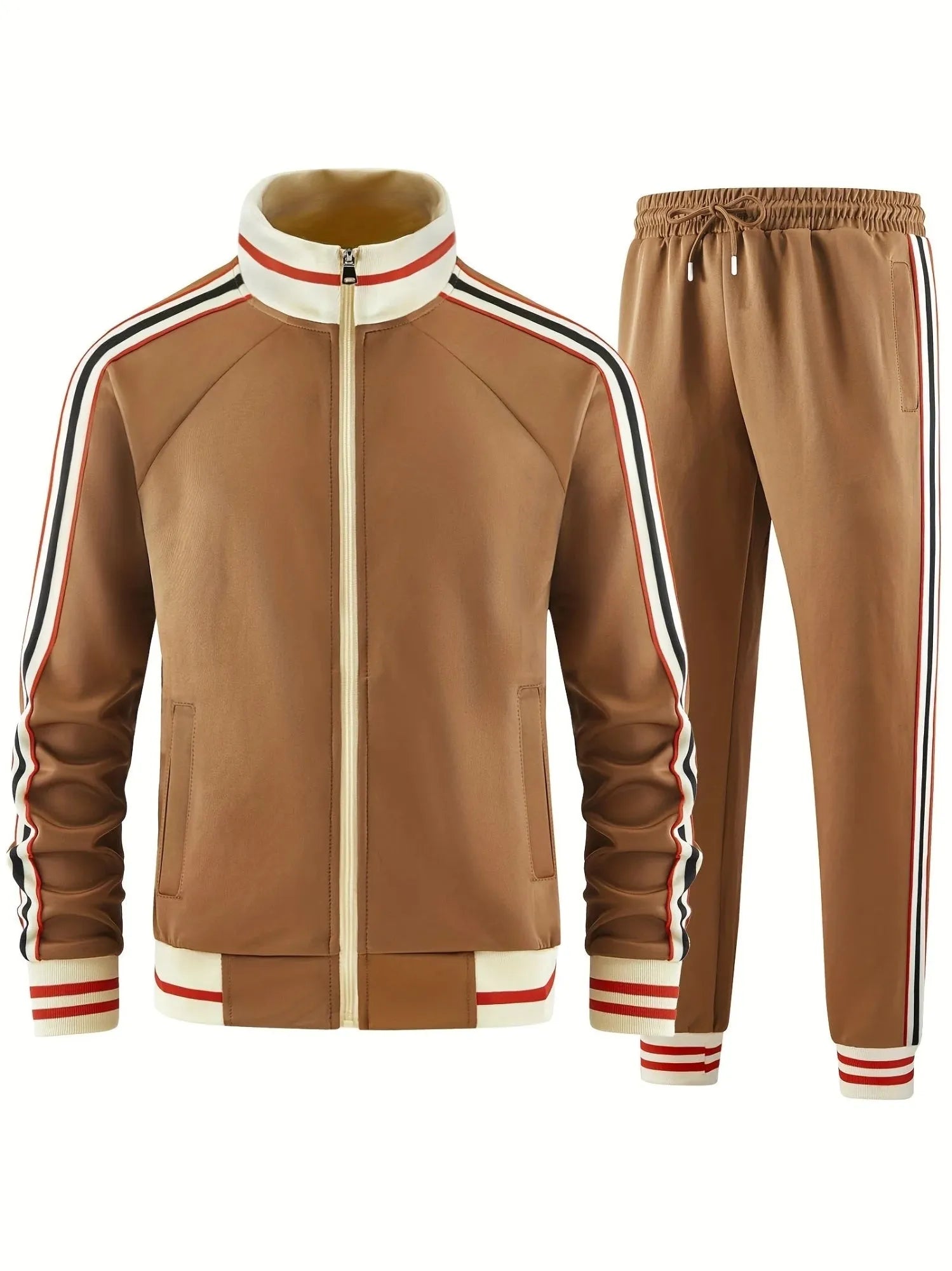 Khaki street style turtleneck zipper cardigan and trousers leisure suit