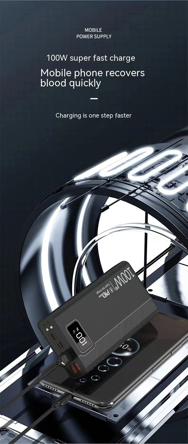 Large black and white plastic power bank showing size comparison and capacity options from 20000mAh to 50000mAh.