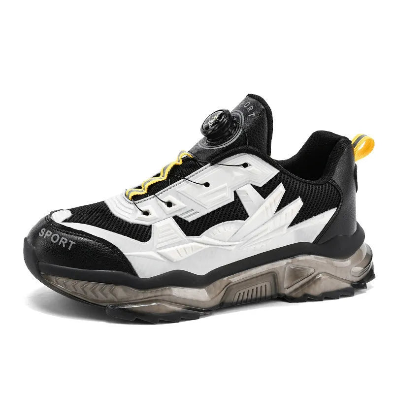 Men's black casual shoes with rotating button fastener and mesh upper on a rubber platform sole.