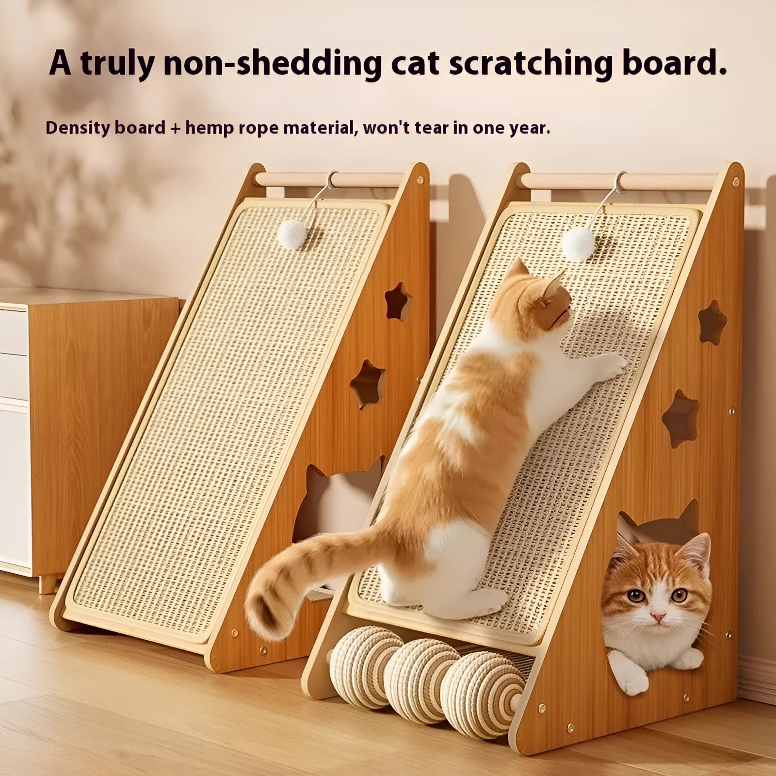 Vertical wall-mounted cat scratch board with hemp rope wrapping and teasing ball design