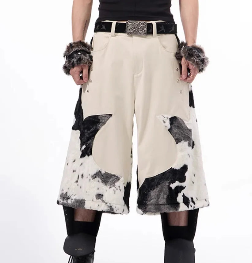 Milk fibre blend cropped trousers with fur stitching in a fashionable city style, showing personalised checkered and striped pattern options.