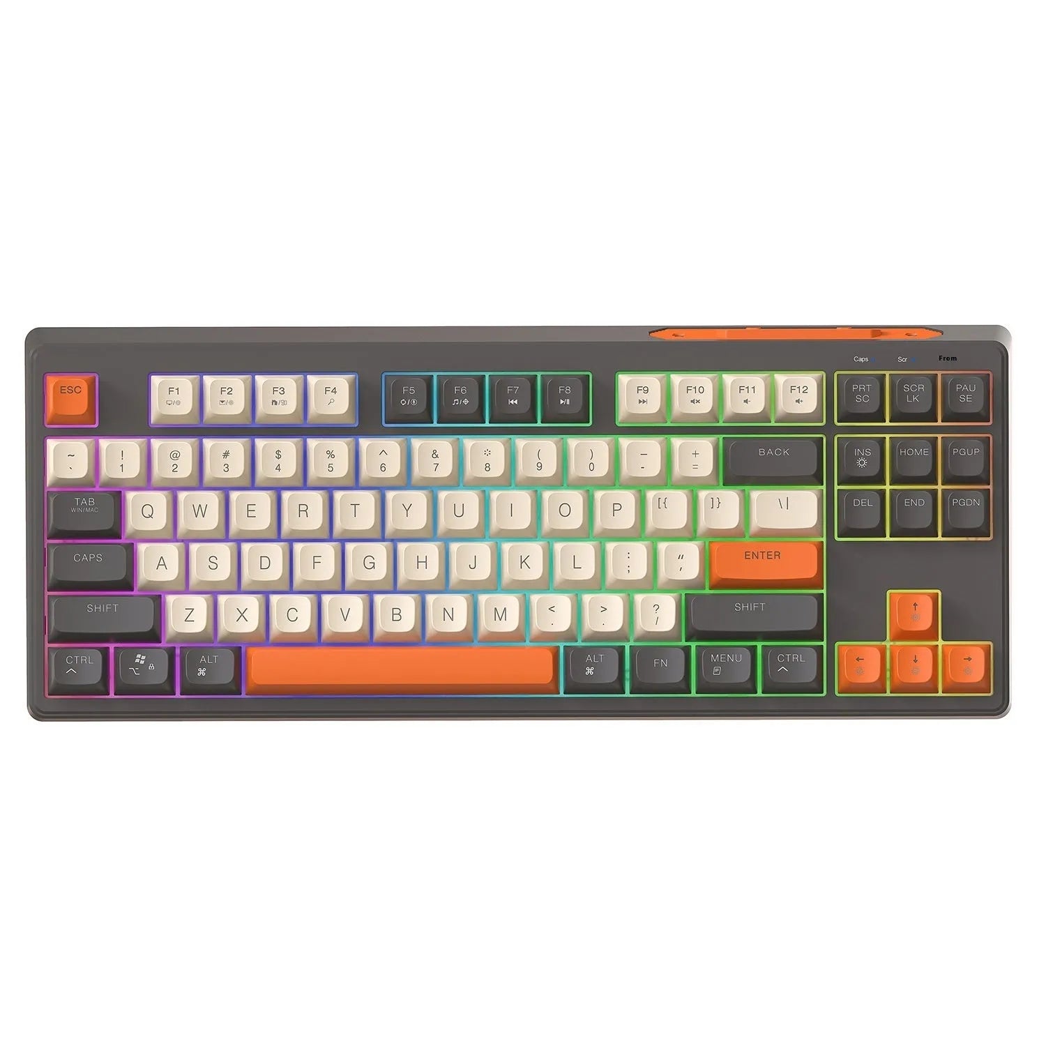 Free Wolf M87 wireless dual-mode keyboard in blueberry colour on a desk with USB receiver and cable.