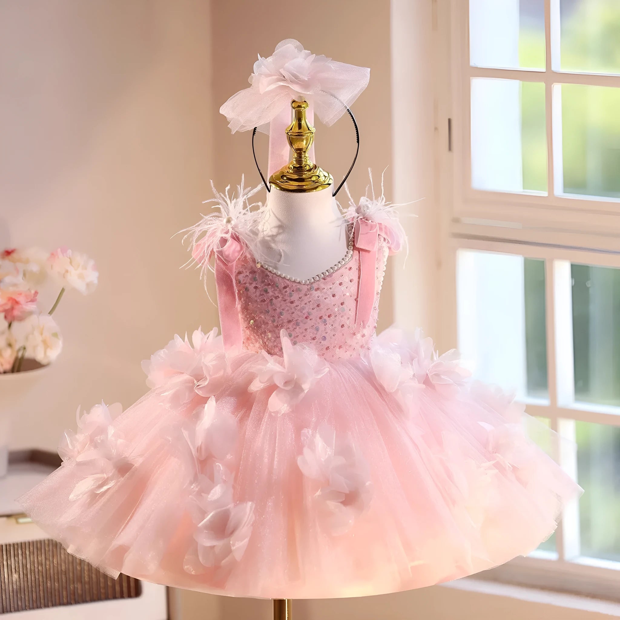 Pink Polyester girls piano playing umbrella princess dress for heights 80cm to 150cm