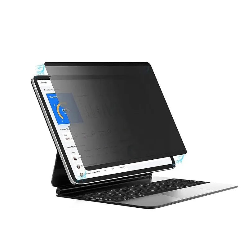 Magnetic iPad privacy screen protector with paper-like texture and magnetic storage clip for multiple iPad models