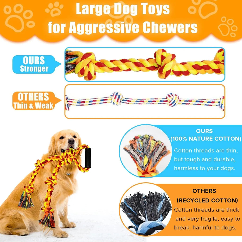 Large blue cotton rope dog toy with handle for tug-of-war games and dental cleaning