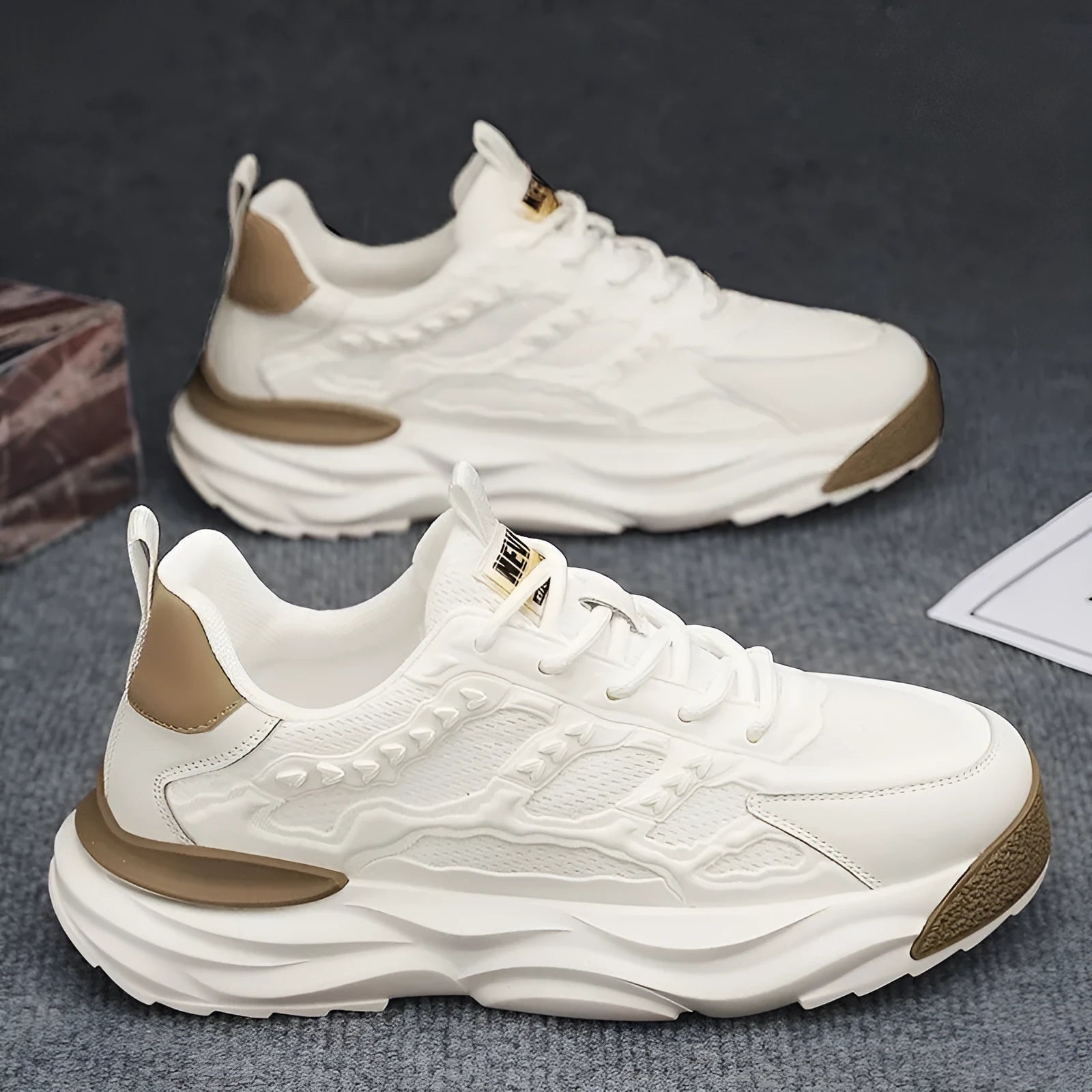 Men's breathable mesh shoes in white or black with round toe and PU construction