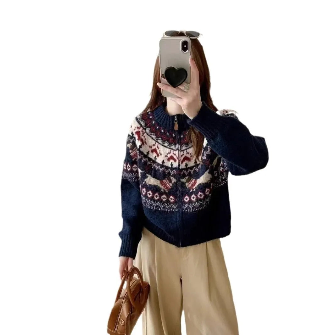 Ethnic jacquard pullover sweater with 3D pattern in loose fit free size