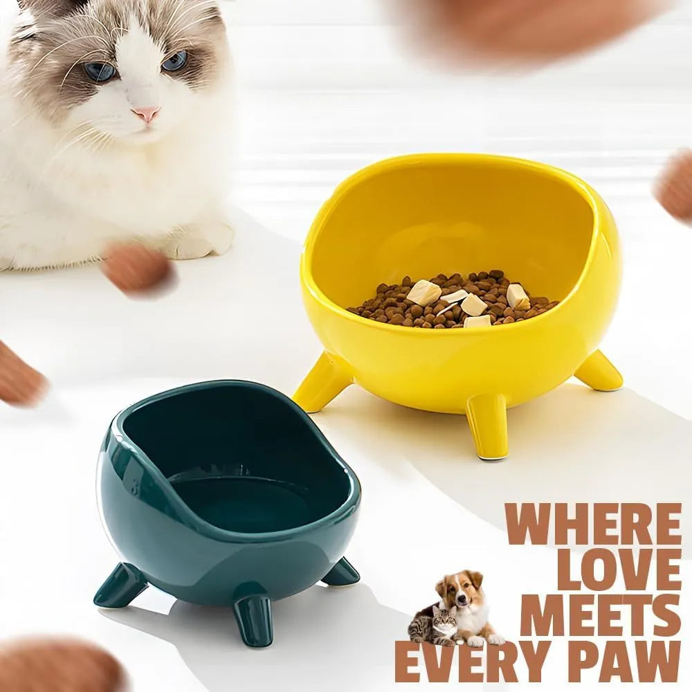 Green four-legged ceramic pet bowl for cats and small dogs on floor