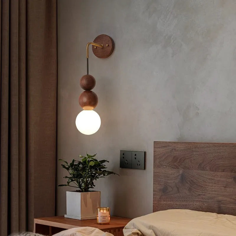 Copper and wood wall lamp with natural walnut finish, three colour light settings
