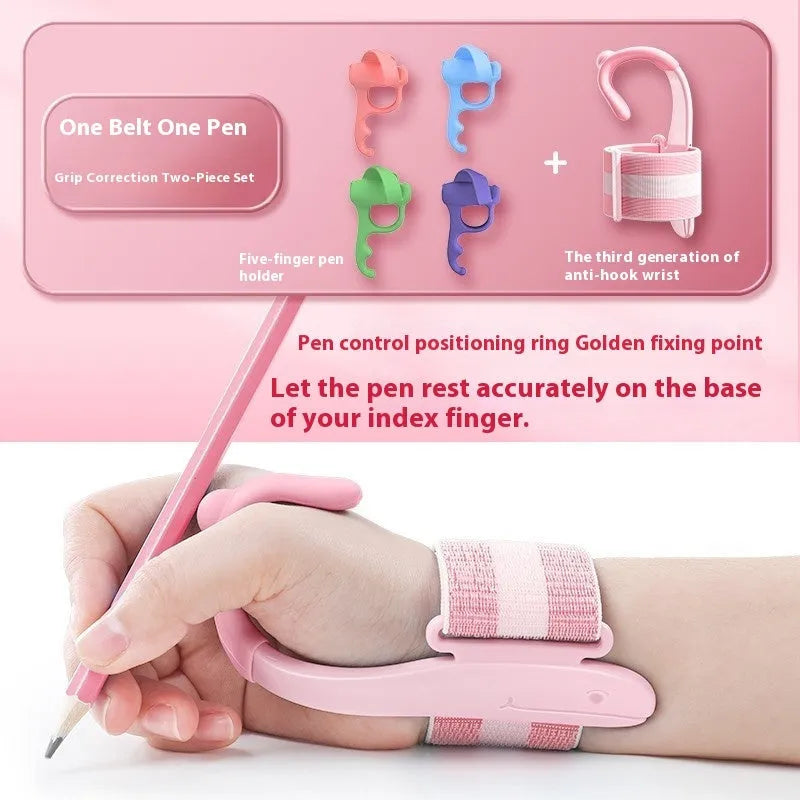 Blue Anti-hook Holder Pen Control Corrector wrist brace on a hand holding a pencil.