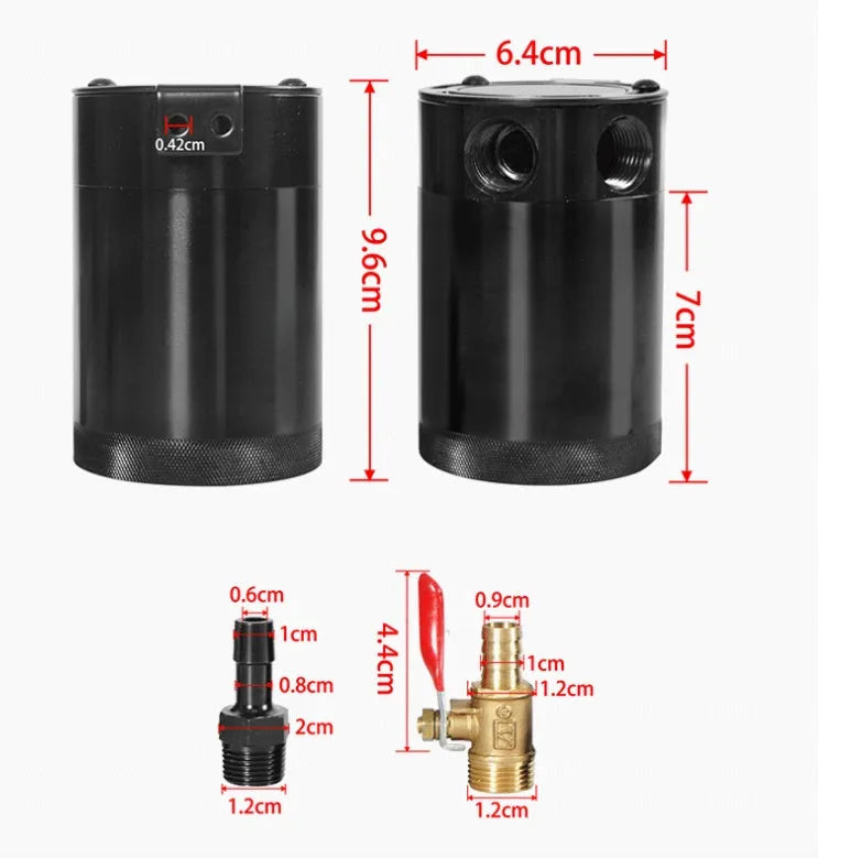 Black aluminium automotive oil pot with two-hole breather design and connectors