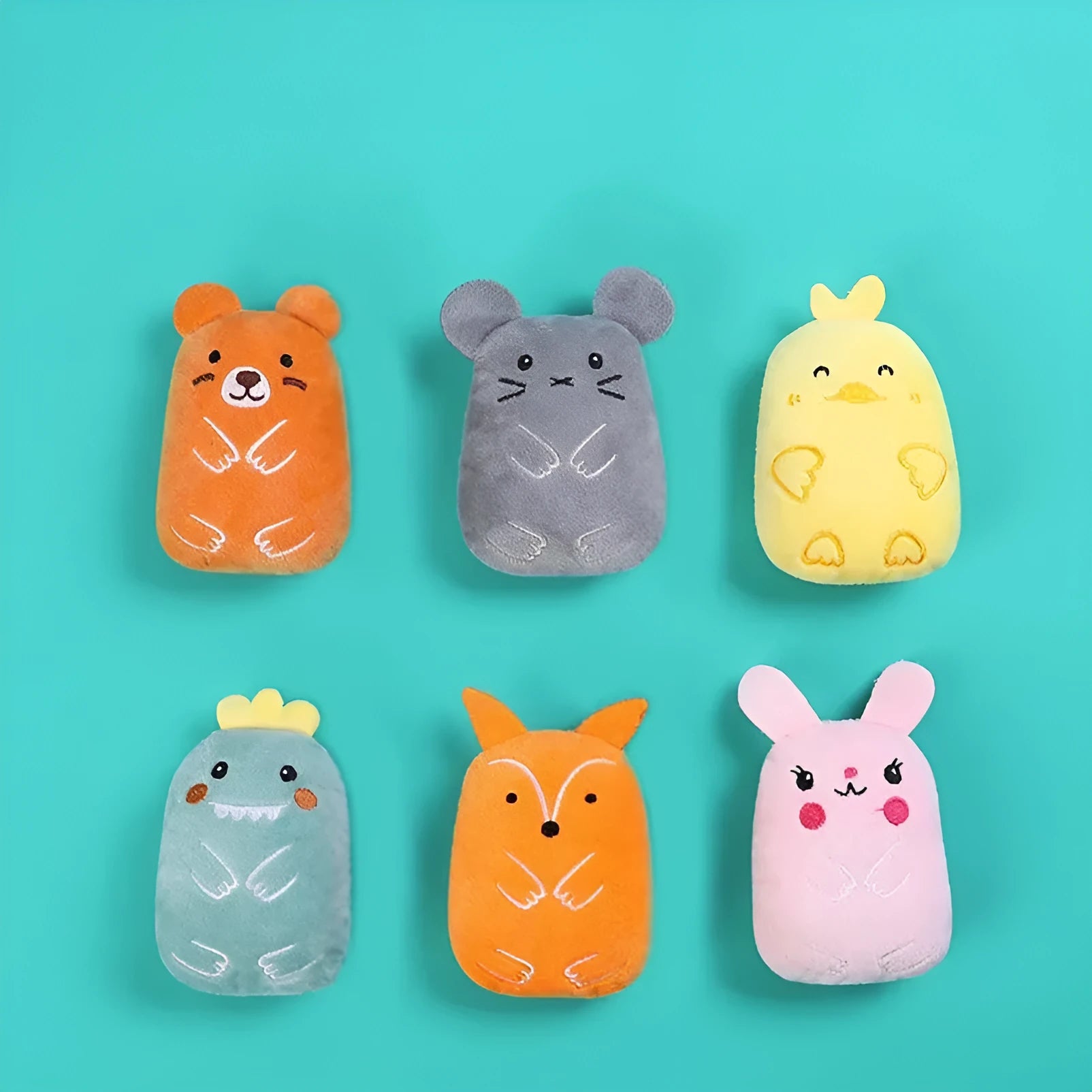 Set of four colourful plush catnip toys for chewing and interactive play with vocal sounds