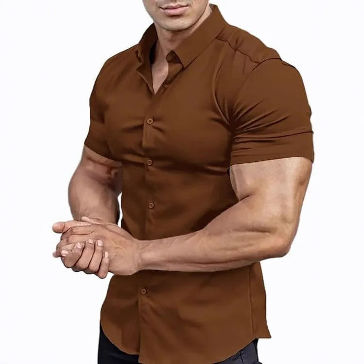 Men's short sleeve printed collar casual shirt in cardigan style, shown in multiple colour options.
