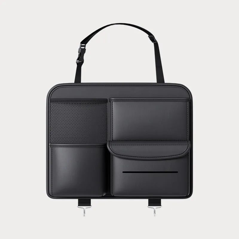 Black leather car seat back hanging storage bag with handle
