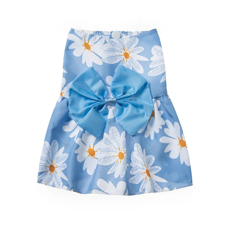 Ultra-thin summer pet dress for dog or cat with decorative floral butterfly knot bow.