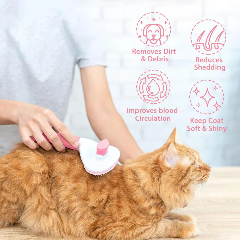 Cat brush with release button in blue, grey, or pink colour for pet hair removal