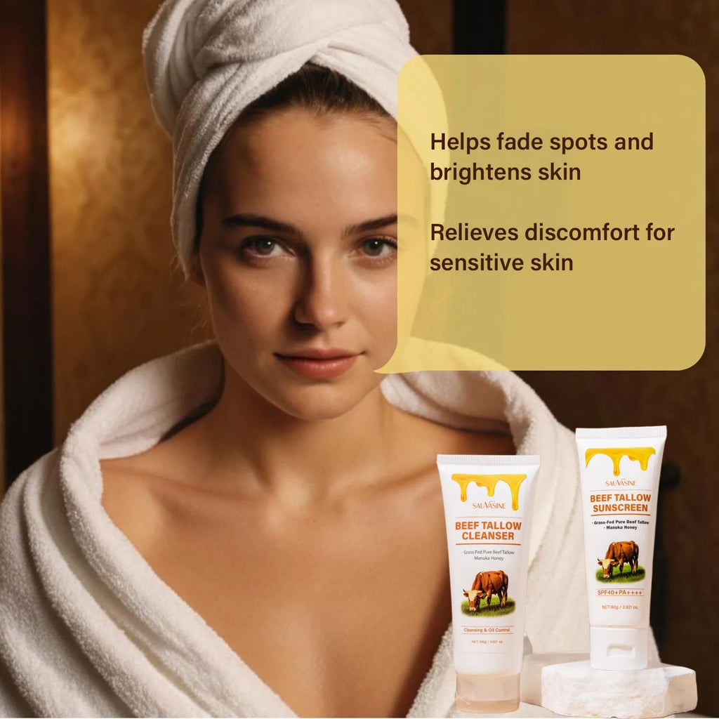 Seven-piece skincare set showing butter honey cleanser, face cream, lip balm, protective cream, body lotion, facial scrub, and beef tallow soap.