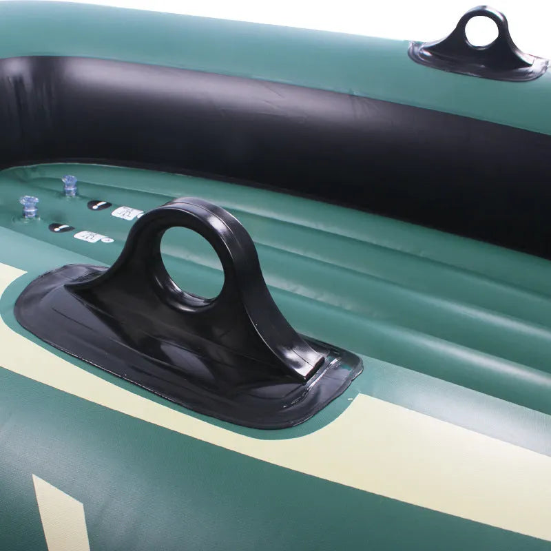 Small green PVC inflatable boat for fishing and rafting, 2-person capacity, 100kg load, multiple air chambers
