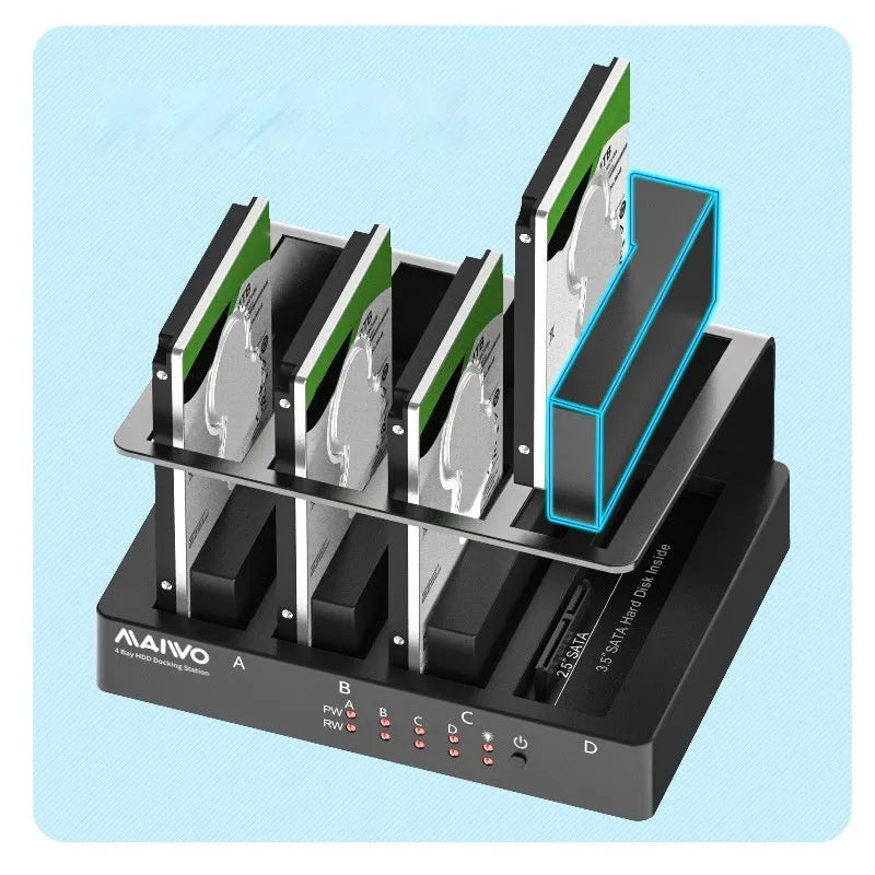 Four-bay external hard drive enclosure for 2.5-inch drives with cables and brackets