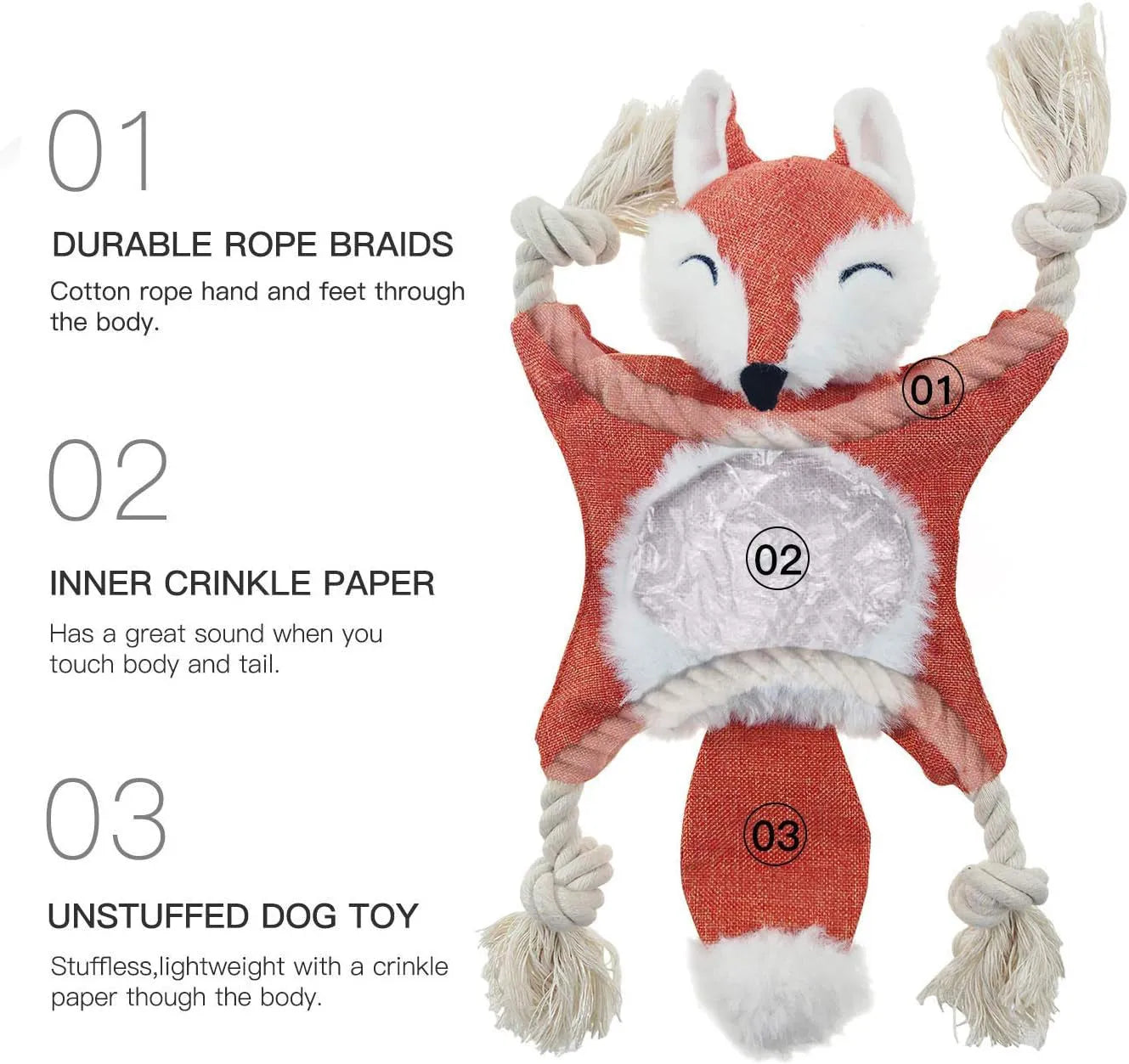Brown fox dog toy with embroidered eyes, cotton rope arms and legs, squeaker in head