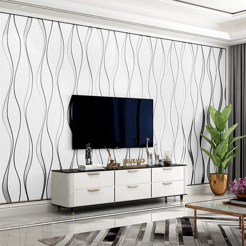 Curve stripe 3D wallpaper roll with deerskin velvet texture in dark brown and light grey colours