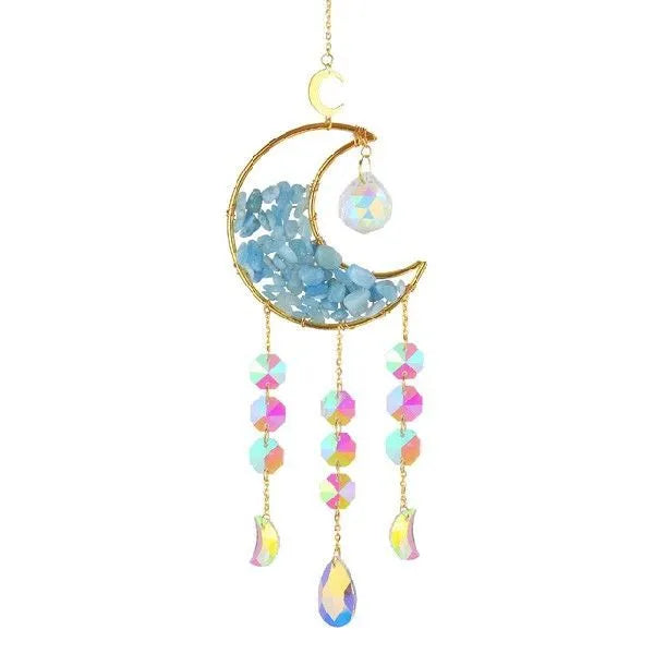Crystal car pendant with moon design hanging from rear-view mirror