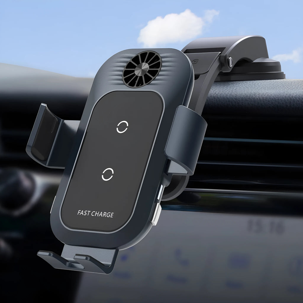 C35 colour car wireless charger phone holder with suction cup air vent mount showing charging surface and adjustable bracket