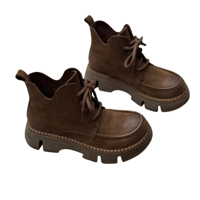 Women's cowhide leather lace-up wedge boots in coffee colour with round toe and rubber sole