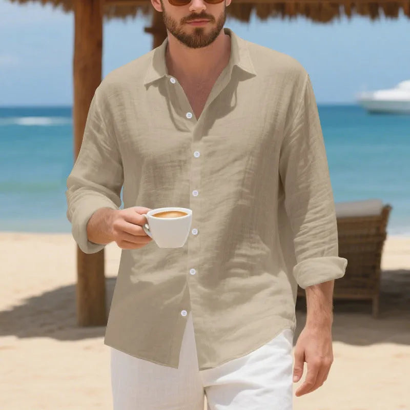 Linen American style loose casual shirt in Army Green colour with non-ironing process