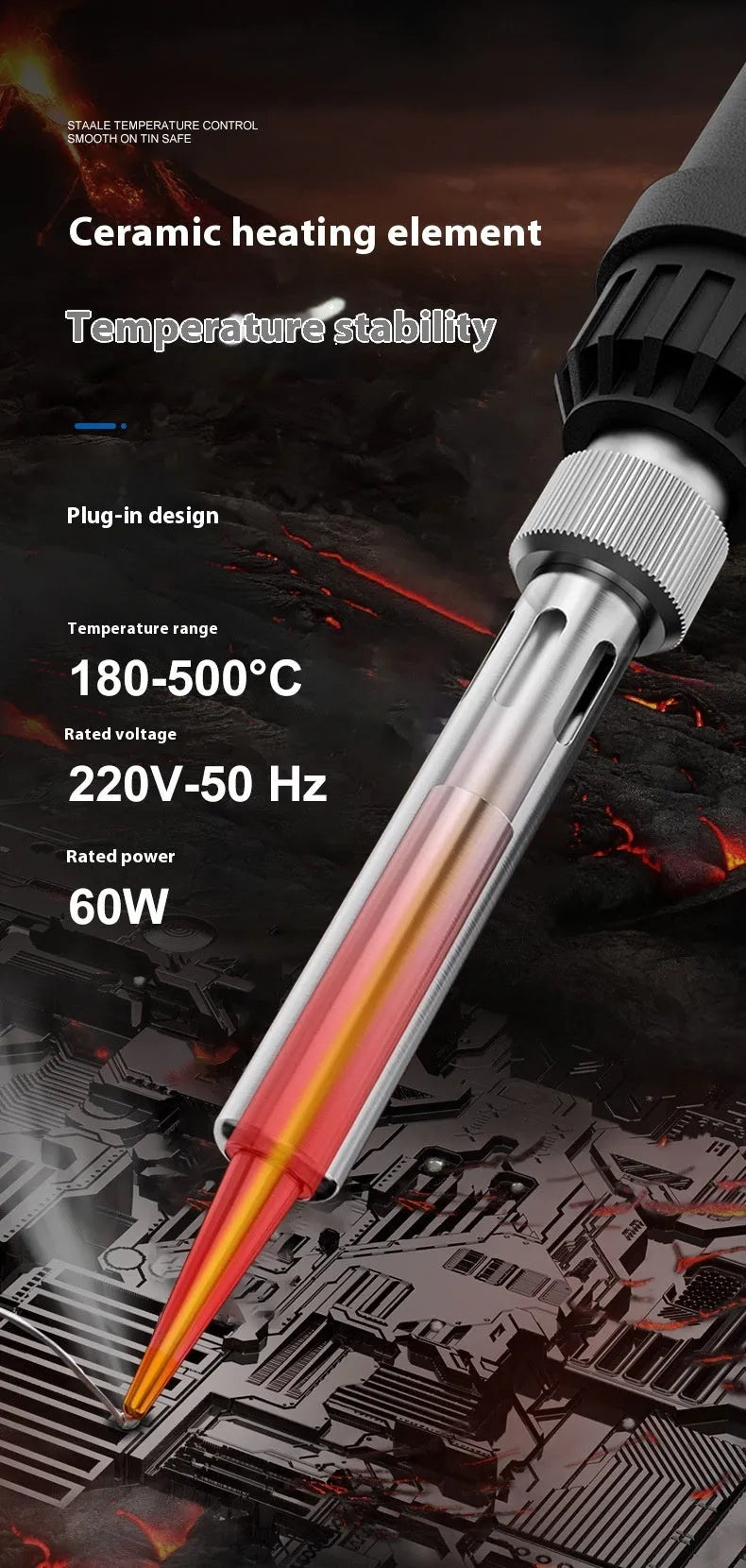 Grey 90W electric soldering iron with ceramic heating core and five soldering tips