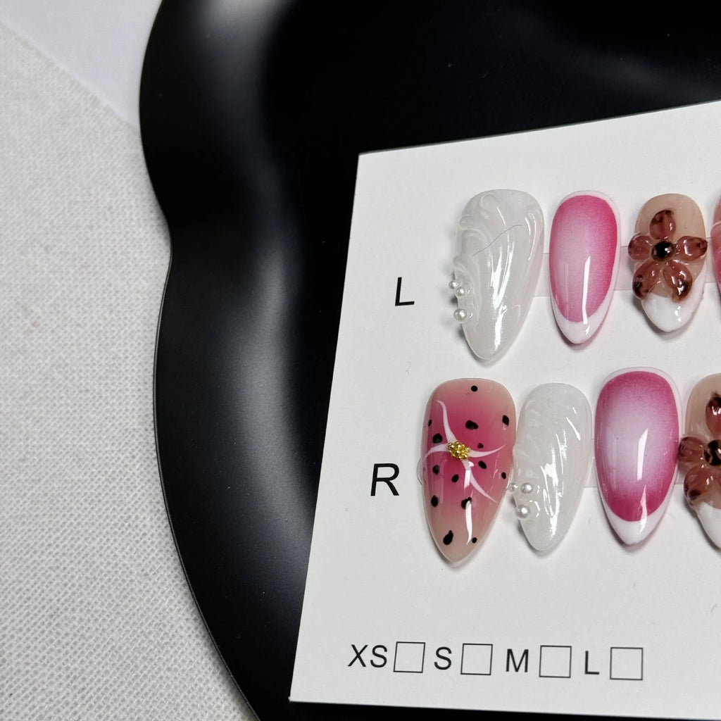 Three-dimensional embossed candy pattern nail art patches in almond shape with retro French styling