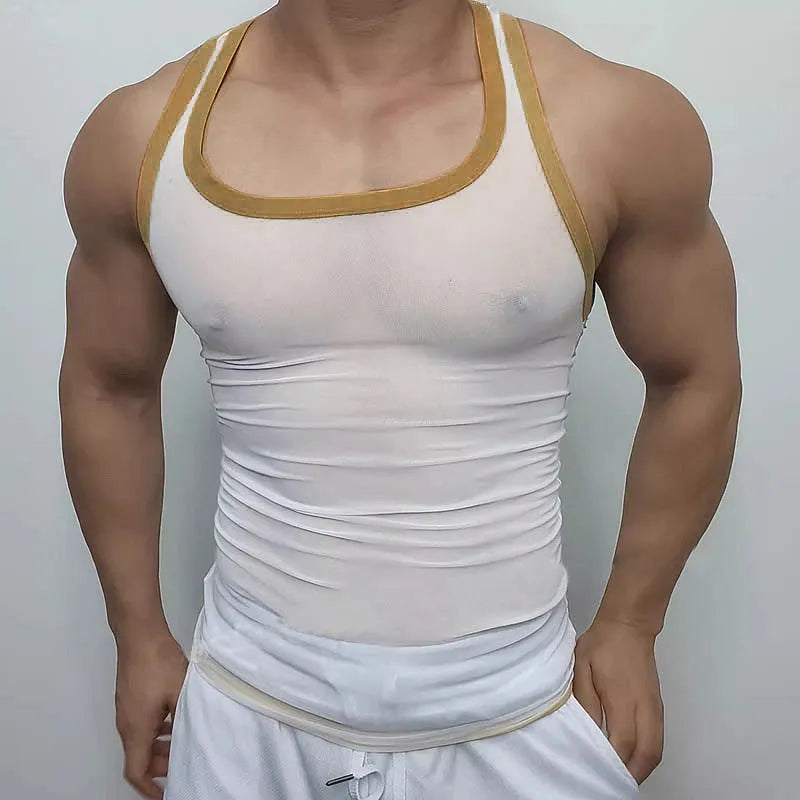 Men's tight-fitting black mesh vest with straight hem for sports and casual wear